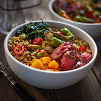 Charred Beef, Vegetables, and Grain Bowl Custom Culinary