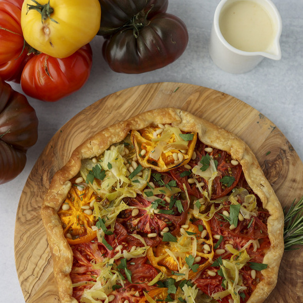 Bruised Tomato Galette with Leeks and Pine Nuts
