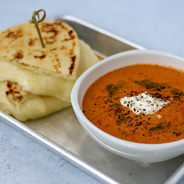 Tikka Masala Tomato Soup with Naan Grilled Cheese